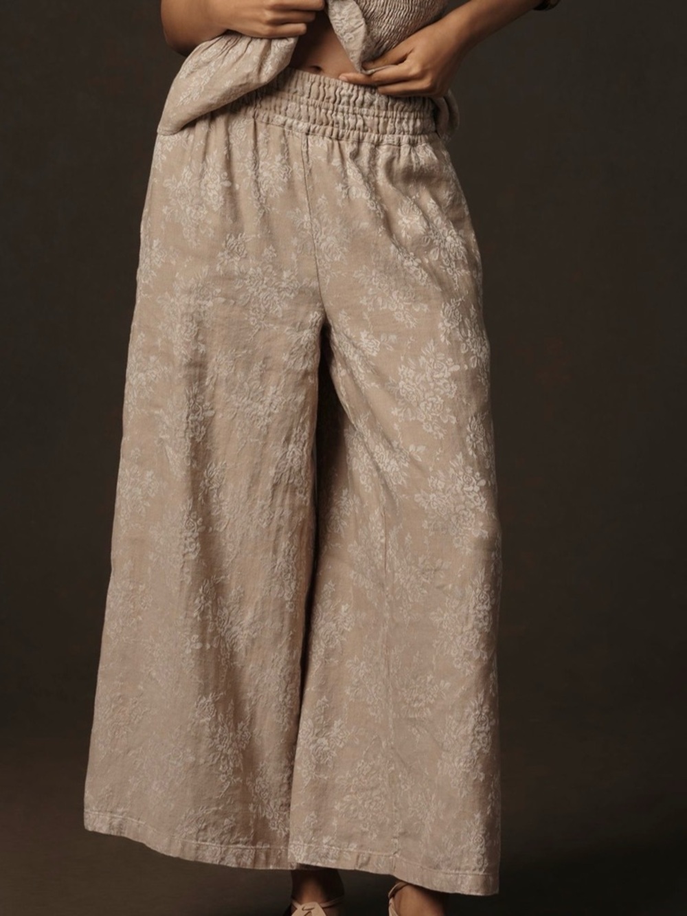 Anthropologie Floral Wide Leg Pant in Beige and Cream